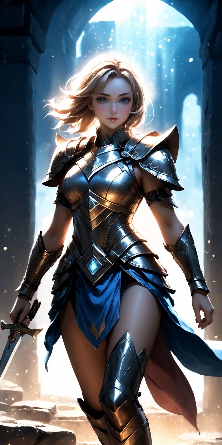 mature warrior girl, alone, levitating among mysterious ruins, armor, power, dynamic angle, magic particles, dust particles, glow, reflection, glitter, glare,