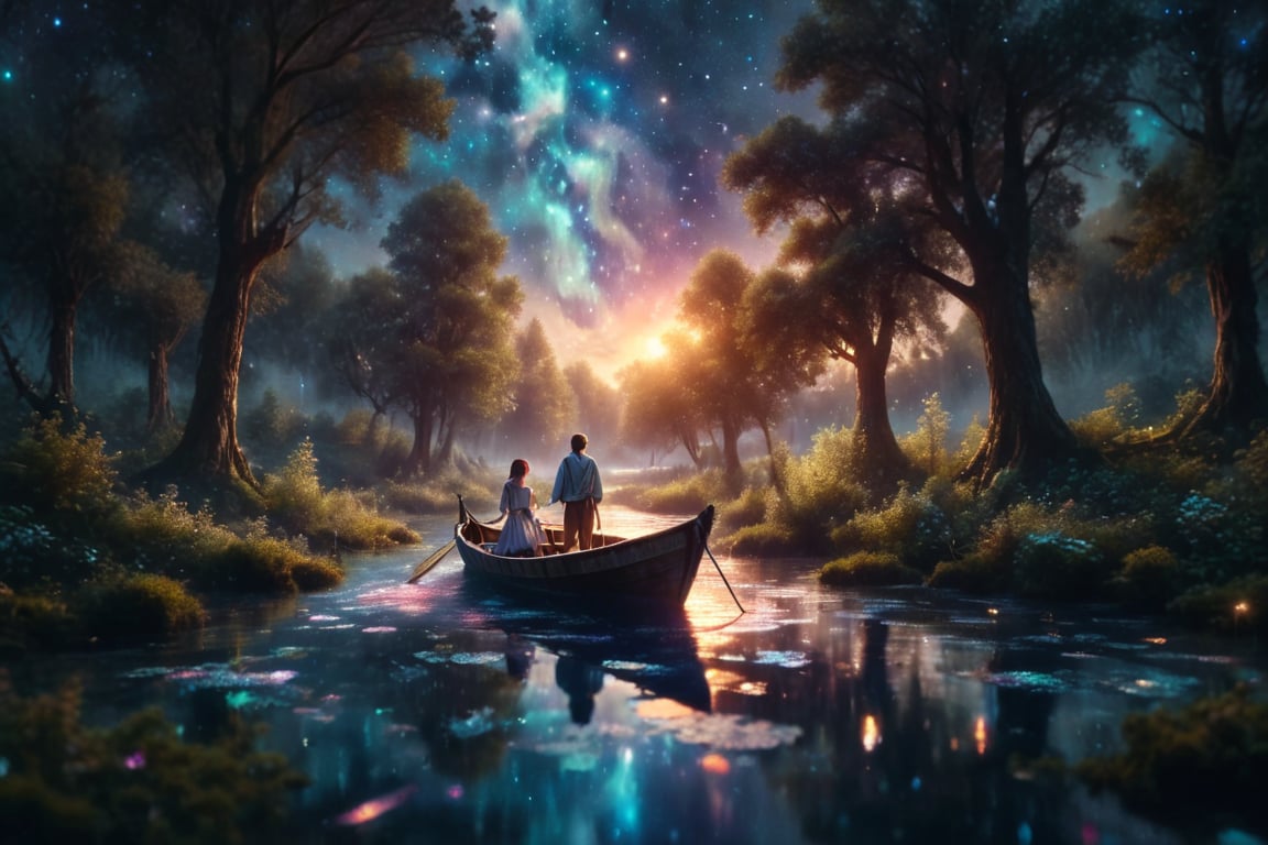 Generate an image of a couple sailing in a paper boat along a river of stars flowing through an enchanted forest, with trees that glow with magical light. Use a palette of soft and bright colors for a dreamy atmosphere.,scenery