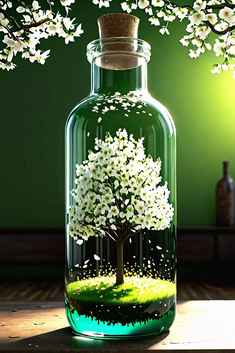 photorealistic, best quaity, 8k, high, spring tree in a bottle, falling_petals