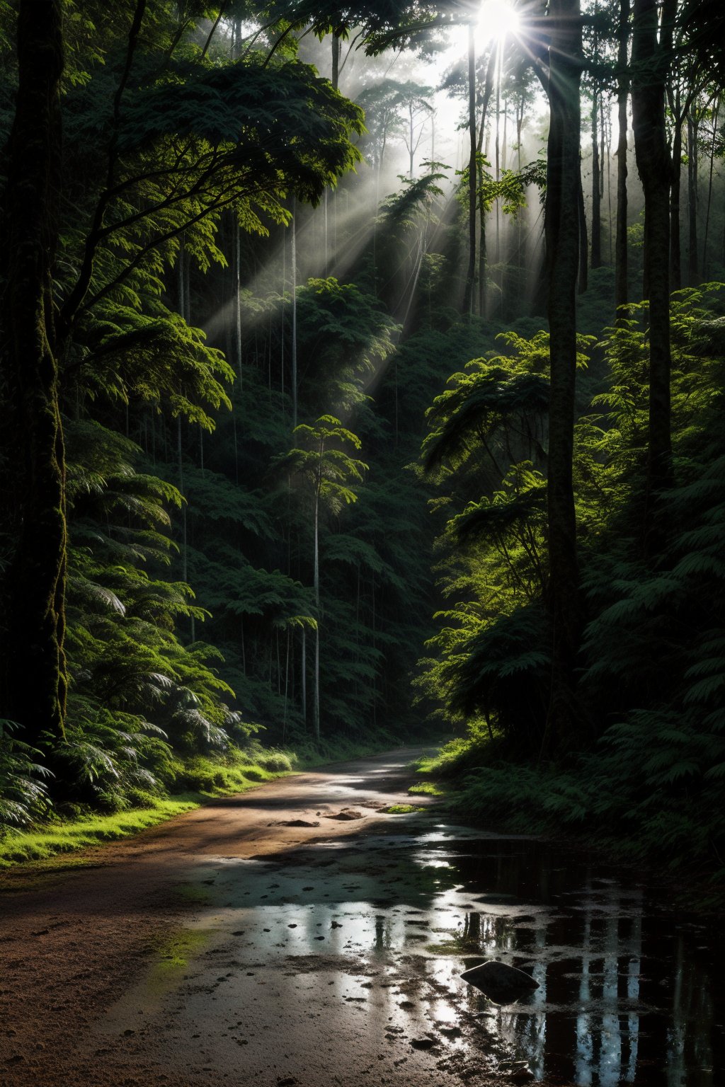 Deep within the foggy rainforest, tall green lush trees, ferns, and flowers, along with animal life, blanket the forest floor. Sunset warm light streams through the tree canopy, creating a scene that is both beautiful and serene, as rain softly descends. 