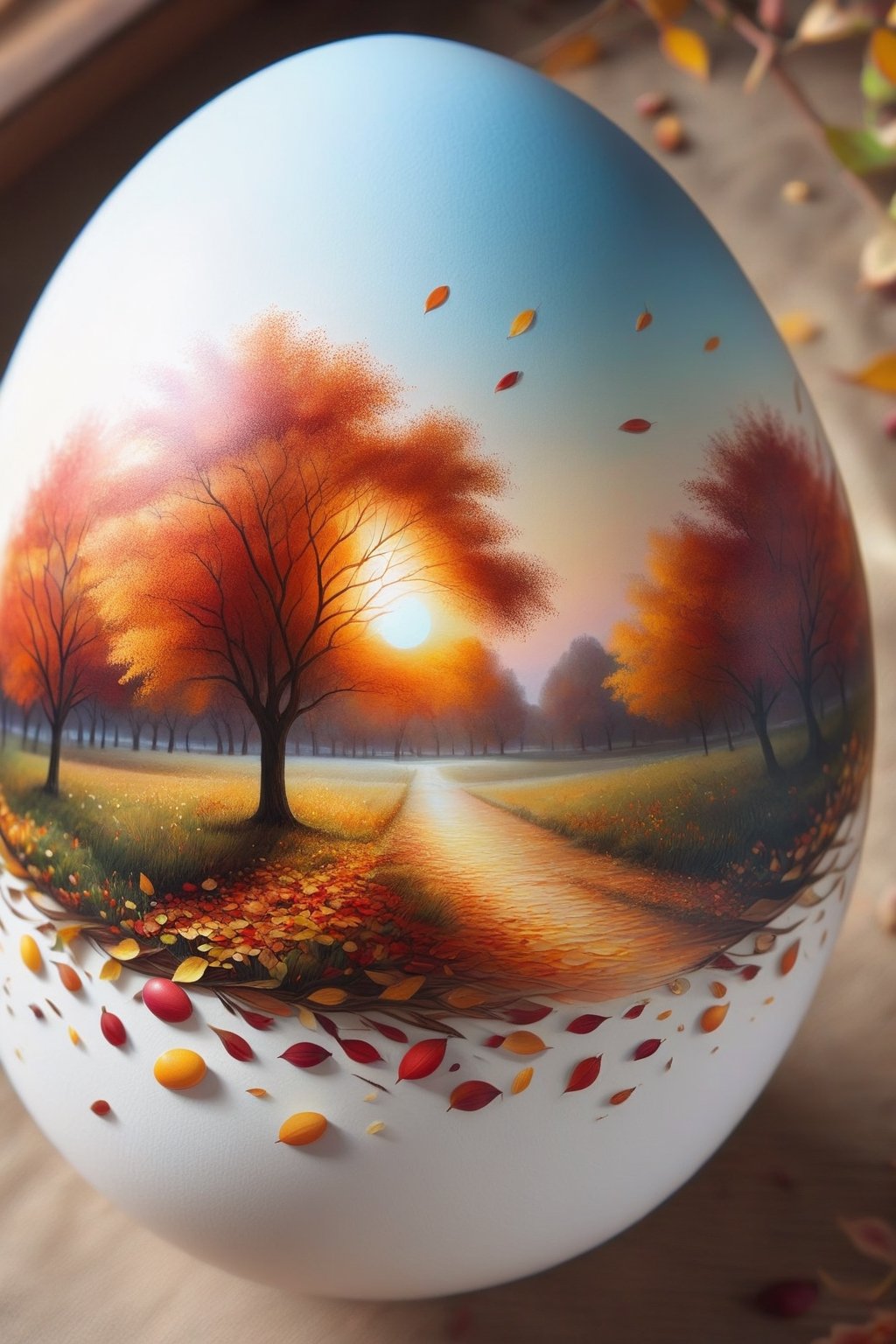 egg-art, masterpiece, absurdres, best quality, extremely detailed, highres, landscape, evening light, autumn season tree, sunset, autumn leaves petals falling ,gentle breeze