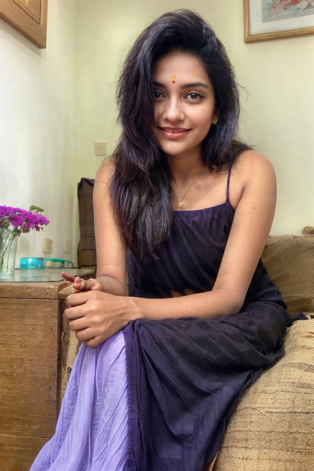 beautiful cute young attractive indian teenage girl, village girl, 16 years old, cute, Indian model, long black hair, colorful hair, dacing, sitting in home, ,realistic, portrait, , hairstyle ,indian, smiling face, purple dress wide shot, far shot,  hairstyle, on phone smile , sitting, far , indian,