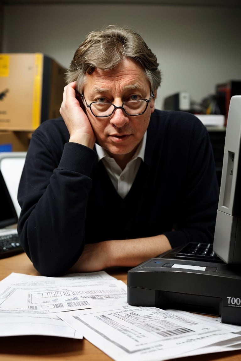 Bill Gates as a poor, failing, homeless, indigent, red glasses with tape, old clothes, torn, dirty and holey clothes, in dark room, beside him, a pile of old computers and printers, EF100mm, f/2. 8L, Macro IS USM ƒ/2. 8, 100. 0 mm, 1/1000 100,1boy