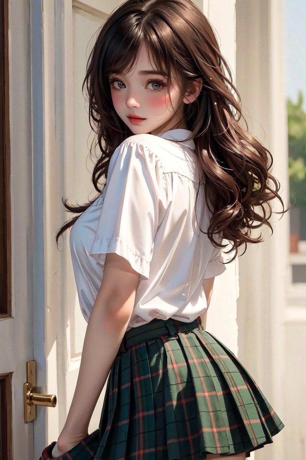 (((masterpiece))), (((best quality))), Best picture quality, high resolution, 8k, realistic, sharp focus, realistic image of elegant lady, Korean beauty, supermodel, girl, standing, wearing short-sleeved school uniform, dark-colored skirt, pleated skirt with tartan pattern, bubble socks, student shoes, light brown hair, long hair, green eyes, side-swept bangs, sideburns, phone, (wet body:1.0), sunlight, sweat, a dog, helf body, shoes removed, Head tilt, untucked, Profile, (high quality:1.0) (white background:0.8), detailed face, (blush:1.0), 1 girl,Young beauty spirit, ZGirl, perfect light, Detailedface,1 girl, big eyes, eye shadow ,SharpEyess, 
,perfecteyes eyes ,Smirk,Detailedface,perfect light,ZGirl,dreaming_background,photo of perfecteyes eyes,