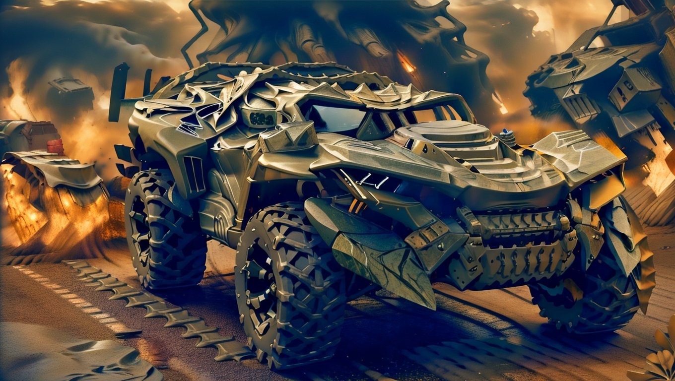 mad max style lunar rock color All-terrain vehicle with colored tire lettering parked on the side of a road next to a tree, nostalgic 8k, restomod, ultra - realistic, ultra-realistic,Realism,Epicrealism,mxsuv,Head direction,Head direction,The war damaged the paint,Industrial machinery,Hard line,Halley,bulldozer,Unreal Engine rendering,realistic,gun,f117,Stealth aircraft coating,Cast metal texture,MetalAI,Futuristic room,Industrial appearance,1boy