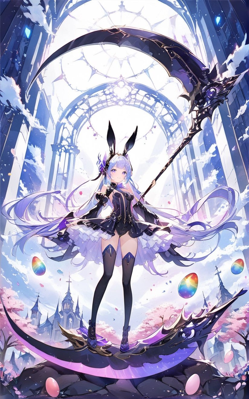 8k, 1girl, solo,, wings,  black white dress, black wings.

holding weapon,Huge God's Death Scythe.

biology ghost. 

Fluffy White perched upon golden bejeweled tower in a heavenly utopian city, church, glowing nebula eyes, white flowing clouds.

vibrant colors, female, masterpiece, sharp focus, best quality, depth of field, cinematic lighting, ((solo, one woman )), (illustration, 8k CG, (extremely detailed), masterpiece, ultra-detailed, , smile , amidst a background composed of fantastic elements sakura trees, clouds, ,light,detail,sun in sky,portrait,sangonomiya kokomi (sparkling coralbone)
A surrealistic artwork blending fantasy and reality, featuring a Playboy Easter Bunny Girl amidst a field of floating flowers and suspended decorated eggs. The scene exudes an otherworldly charm, with the seductive allure of the bunny girl adding an unexpected and delightful twist to the whimsical composition,DonM5cy7h3,scythe,Rainbow haired girl ,dal