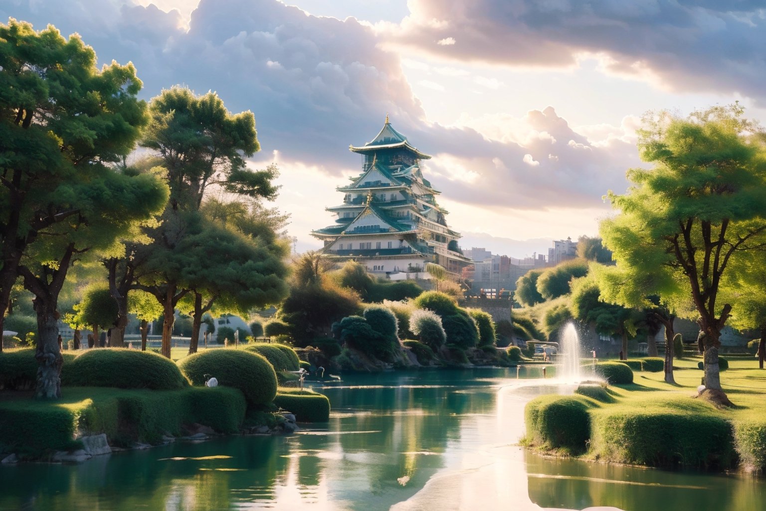 (extremely detailed CG unity 8k wallpaper),(((masterpiece))), (((best quality))), ((ultra-detailed)), (best illustration),(best shadow), ((an extremely delicate and beautiful)),dynamic angle,floating, fairyland,dynamic angle,sea of flowers,beautiful detailed garden,wind,classic,spring, (detailed light),feather, nature, (sunlight), river, forest,(((floating palace))),((the best building)),beautiful and delicate water,(painting),(sketch),(bloom),(shine),Void volumes,pastelbg,Animal,DRAGONYEAR,wrenchsmechs,medieval castle,Holy light,Osaka Castle