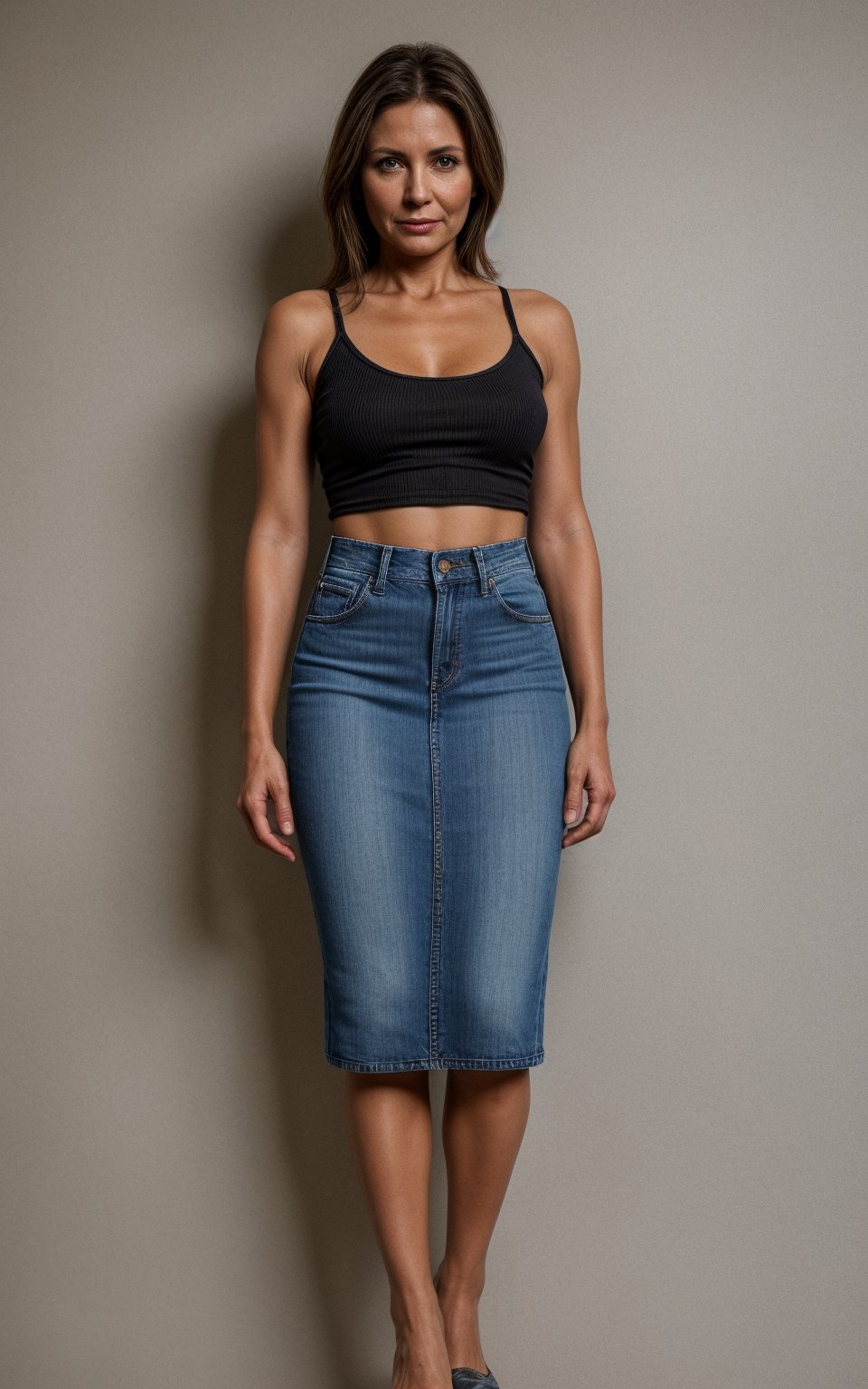 Realistic 40 year old woman, Ultra-detail, highres:1.1, best quality, full body, mom, cinematic, tanned, detailed, wearing a ((high-waisted long denim skirt))