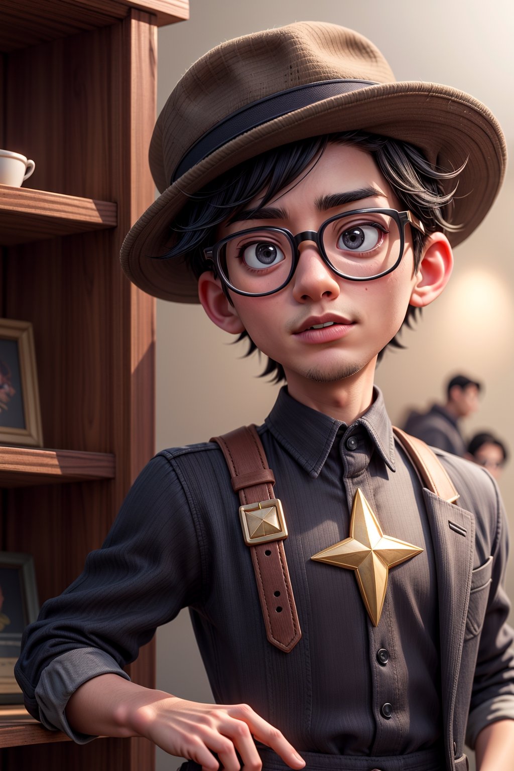 Young man, black hair marvel, disney whit black glasses
and hat