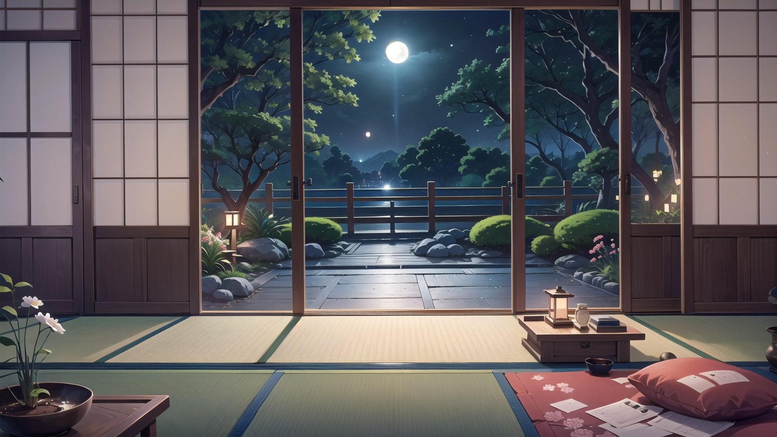 A study room at night designed in the wabi-sabi aesthetic, featuring extensive bookshelves and a large scenic view of a Japanese garden with a large window view of a beautiful Japanese garden under a big, round moon. The room should include traditional Japanese elements like tatami mats and sliding doors, with moonlight casting a serene glow on the garden.