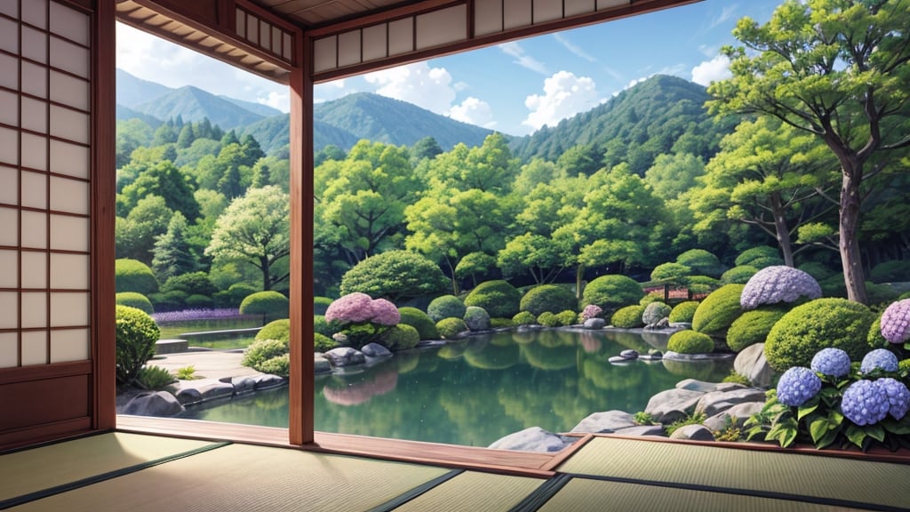 A comfortable Japanese-style room with a large scenic view of a Japanese garden where hydrangeas blossoms are in full bloom, inspired by the artistic style reminiscent of manga artist Midorikawa Yuki, with an emphasis on gentle and soft colors. The scene should evoke a peaceful and serene atmosphere, aiming for a 16:9 aspect ratio. The composition should capture the essence of a tranquil Japanese setting in anime style, reflecting the unique blend of detail and simplicity characteristic of Midorikawa Yuki's work.