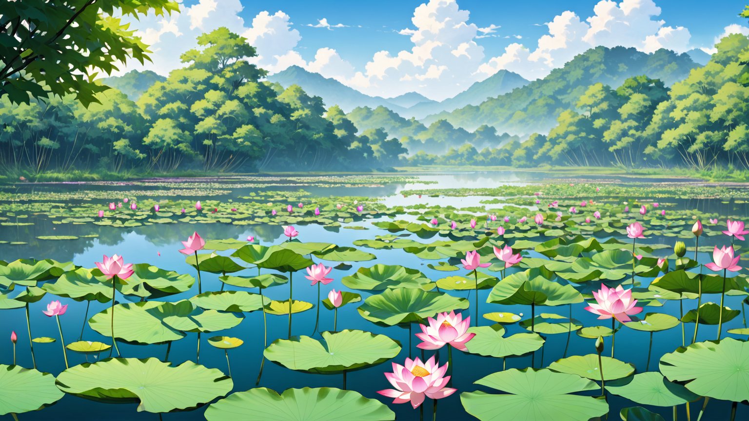 A serene scene of a lotus pond in full bloom, viewed from a distance. The pond with some vibrant lotus flowers and lush green leaves, set against a tranquil natural landscape. 