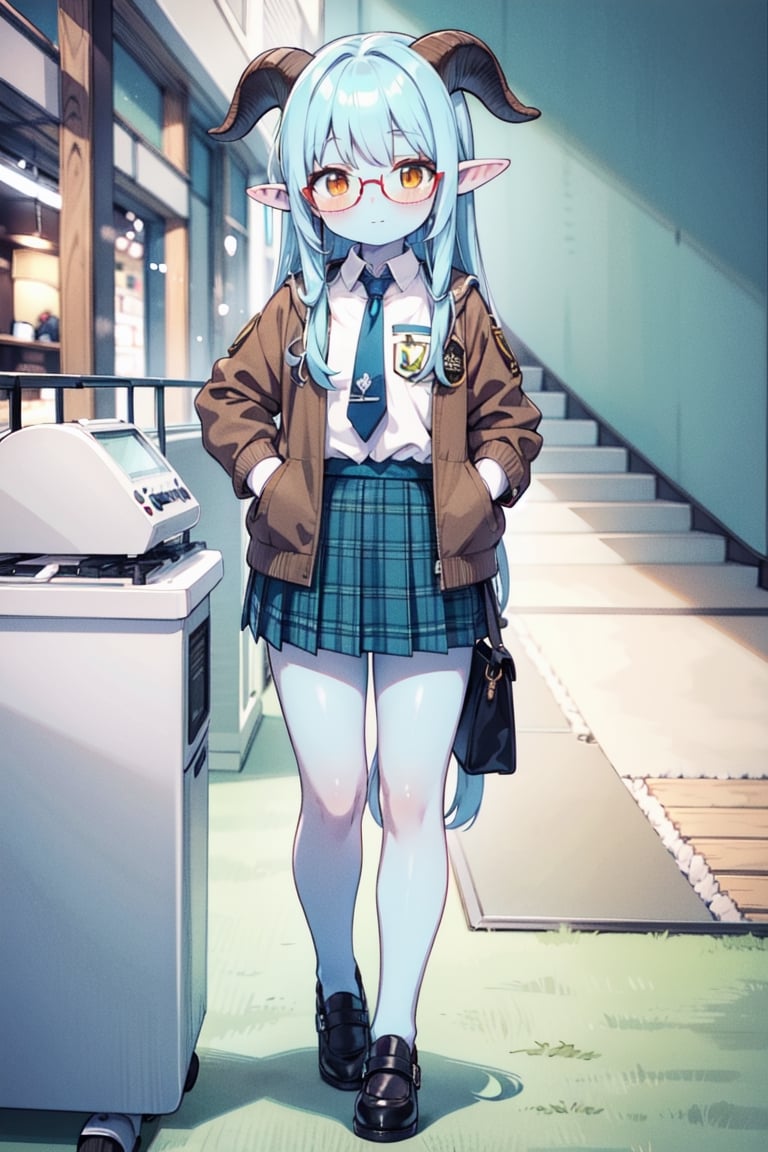 cute, orange eyes, blue long hair , elf ears , ((blue skin)), ((full-body shot)), ((goat horns)), masterpiece details++,HD,4K , Glasses, Brown jacket , green plaid skirt , (red tie) ,cds4