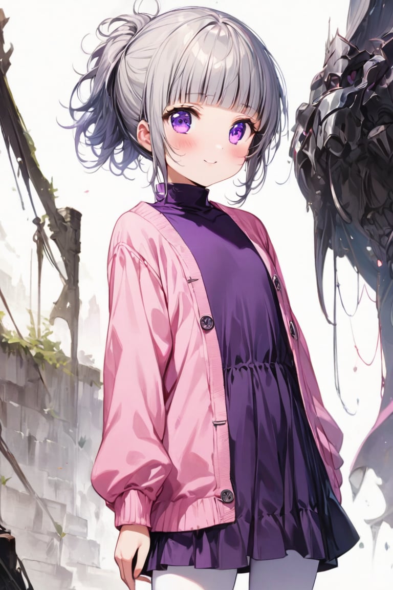 score_4,1 girl, air bangs, ((Thick bangs:1.5)), fringe bangs, hime cut, tie up hair, ponytail, ((short front ponytail)), ((no intake hair:1.5)), girl stand upright, (Focus on Pink cropped cardigan:1.5), (Focus on dark purple turtleneck dress: 1.5), (white long tights), Cute red short boots, cute innocent smile, highres, detailed eyes, extremely detailed hair, Ultra-detail,highres, best quality, ((((light gray)))), (light gray short hair), ((purple eyes)), evil thoughts eyes, (Beautiful iris with high precision, masterpiece, Realistic Purple Eyes), high contrast, high_res 8K, ((1girl standing)), best quality, extremely detailed, (illustration, official art:1.1), 10 years old, blush, cute face, masterpiece, best quality, Amazing, beautiful detailed eyes, ((little delicate girl )), innocent evil smile, tarem, (true beautiful:1.2), sense of depth, affectionate smile, (true beautiful:1.2), (tiny 1girl model:1.2), (flat chest ), full body, cute face, best quality, (( white background)), full-body shot, minori kushieda, short hair, kawaii knight,eli ayase