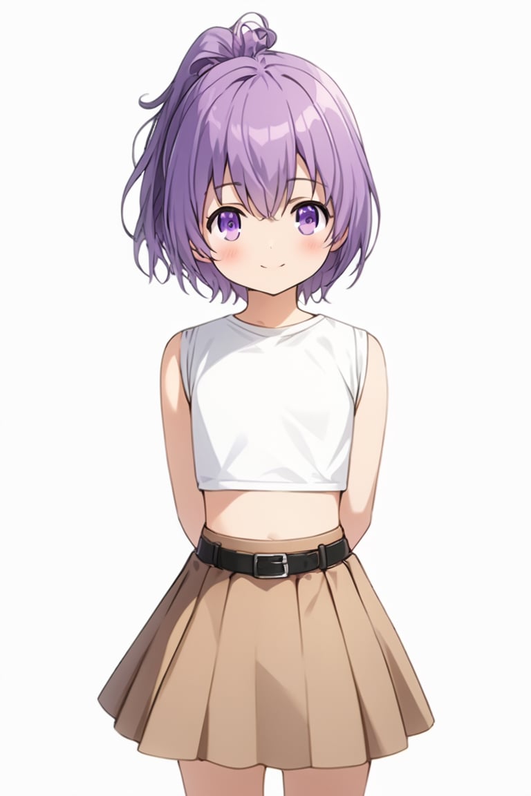 girl front stand upright, score_7, score_6_up, score_5_up, score_4_up, (Brown fanny pack), (Focus on White sleeveless Crop Tops T-shirt:1.5), Crop Tops T-shirt , (Focus brown skirt: 1.5), black belt, highres, detailed eyes, extremely detailed hair, Ultra-detail,highres, best quality, (purple short hair), short hair, (tie up hair:1.5), ((short front ponytail:1.5)), ((purple eyes)), (Beautiful iris with high precision, masterpiece, Realistic Purple Eyes), brown shoes, cute innocent smile, high contrast, high_res 8K, ((1girl standing)), best quality, extremely detailed, (illustration, official art:1.1), 10 years old, blush, cute face, masterpiece, best quality, Amazing, beautiful detailed eyes, (( little delicate girl)), tarem, (true beautiful:1.2), sense of depth, affectionate smile, (true beautiful:1.2), (tiny 1girl model:1.2), (flat chest ), full body, cute face, best quality, ((white background)), minori kushieda,Sylvie