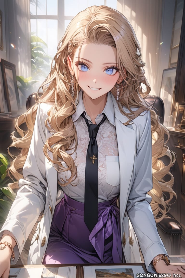 masterpiece, best quality, extremely detailed, (illustration, official art:1.1), 1 girl ,25 years old, long blonde hair, low 4 drill hair, big eyes, hair pulled back,  masterpiece, best quality, fine blue eyes, white shirt, black tie, Purple skirt, very long hair, white background, ((High-end white coat long-sleeve working)), Mature, Cheerful, brown boots, Exquisite images, Cheerful smile