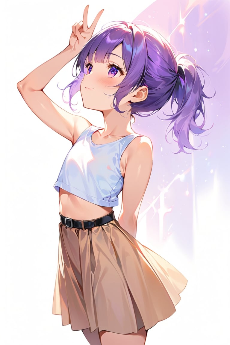 girl stand upright, score_7, score_6_up, score_5_up, score_4_up, (Brown fanny pack), (Focus on White sleeveless Crop Tops T-shirt:1.5), Crop Tops T-shirt , (Focus brown skirt: 1.5), black belt, highres, detailed eyes, extremely detailed hair, Ultra-detail,highres, best quality, (purple short hair), tie up hair, ((short front ponytail)), ((purple eyes)), (Beautiful iris with high precision, masterpiece, glitter, Realistic Purple Eyes), brown shoes, cute innocent smile, high contrast, high_res 8K, ((1girl standing)), best quality, extremely detailed, (illustration, official art:1.1), 10 years old, blush, cute face, masterpiece, best quality, Amazing, beautiful detailed eyes, (( little delicate girl)), tarem, (true beautiful:1.2), sense of depth, affectionate smile, (true beautiful:1.2), (tiny 1girl model:1.2), (flat chest ), full body, cute face, best quality, ((simple background)), V sign with both hands, whole body