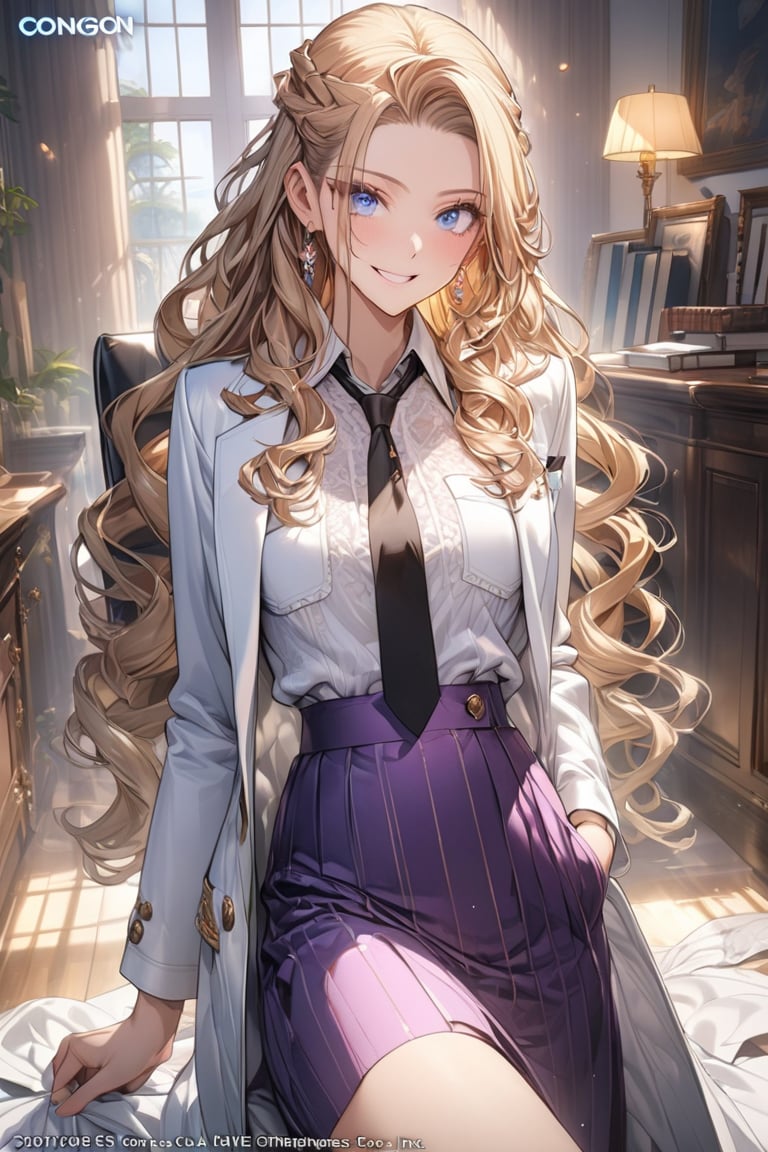 masterpiece, best quality, extremely detailed, (illustration, official art:1.1), 1 girl ,25 years old, long blonde hair, low 4 drill hair, big eyes, hair pulled back,  masterpiece, best quality, fine blue eyes, white shirt, black tie, Purple skirt, very long hair, white background, ((High-end white coat long-sleeve working)), Mature, Cheerful, brown boots, Exquisite images, Cheerful smile