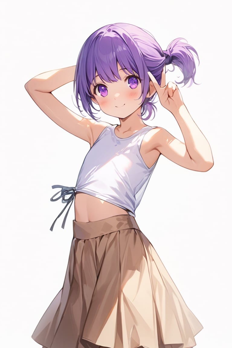 girl stand upright, score_7, score_6_up, score_5_up, score_4_up, (Brown fanny pack), (Focus on White sleeveless Crop Tops T-shirt:1.5), Crop Tops T-shirt , (Focus brown skirt: 1.5), black belt, highres, detailed eyes, extremely detailed hair, Ultra-detail,highres, best quality, (purple short hair), short hair, (tie up hair:1.5), ((short front ponytail:1.5)), ((purple eyes)), (Beautiful iris with high precision, masterpiece, Realistic Purple Eyes), brown shoes, cute innocent smile, high contrast, high_res 8K, ((1girl standing)), best quality, extremely detailed, (illustration, official art:1.1), 10 years old, blush, cute face, masterpiece, best quality, Amazing, beautiful detailed eyes, (( little delicate girl)), tarem, (true beautiful:1.2), sense of depth, affectionate smile, (true beautiful:1.2), (tiny 1girl model:1.2), (flat chest ), full body, cute face, best quality, ((white background)), V sign with both hands, whole body, minori kushieda