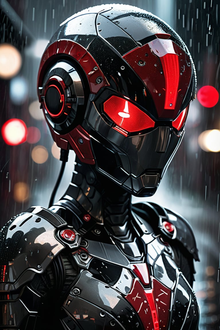 the photo shows a close-up of a humanoid robot or person in an advanced suit of armor. The design is sleek and modern, with red and white accents on a mostly black and gray base. It appears to be raining, as water droplets can be seen on the surface of the armor, the subject is either a robot or a person in a futuristic suit of armor, characterized by its sleek shape and intricate details, the helmet has red, viewfinder-like eyes, giving it an intense and focused look, water droplets can be seen on the surface, indicating that it is raining, in the background, blurred lights suggest an urban environment at night, the armor is highly detailed, with lines and patterns that suggest advanced technology,