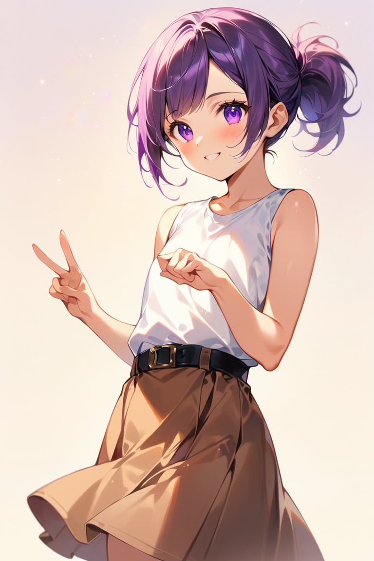 girl stand upright, score_7, score_6_up, score_5_up, score_4_up, (Brown fanny pack), (Focus on White sleeveless T-shirt short:1.5), very short T-shirt , (Focus brown skirt: 1.5), black belt, highres, detailed eyes, extremely detailed hair, Ultra-detail,highres, best quality, (purple short hair), tie up hair, ((short front ponytail)), ((purple eyes)), (Beautiful iris with high precision, masterpiece, glitter, Realistic Purple Eyes), brown shoes, cute innocent smile, high contrast, high_res 8K, ((1girl standing)), best quality, extremely detailed, (illustration, official art:1.1), 10 years old, blush, cute face, masterpiece, best quality, Amazing, beautiful detailed eyes, (( little delicate girl)), tarem, (true beautiful:1.2), sense of depth, affectionate smile, (true beautiful:1.2), (tiny 1girl model:1.2), (flat chest ), full body, cute face, best quality, ((simple background)), V sign with both hands, whole body