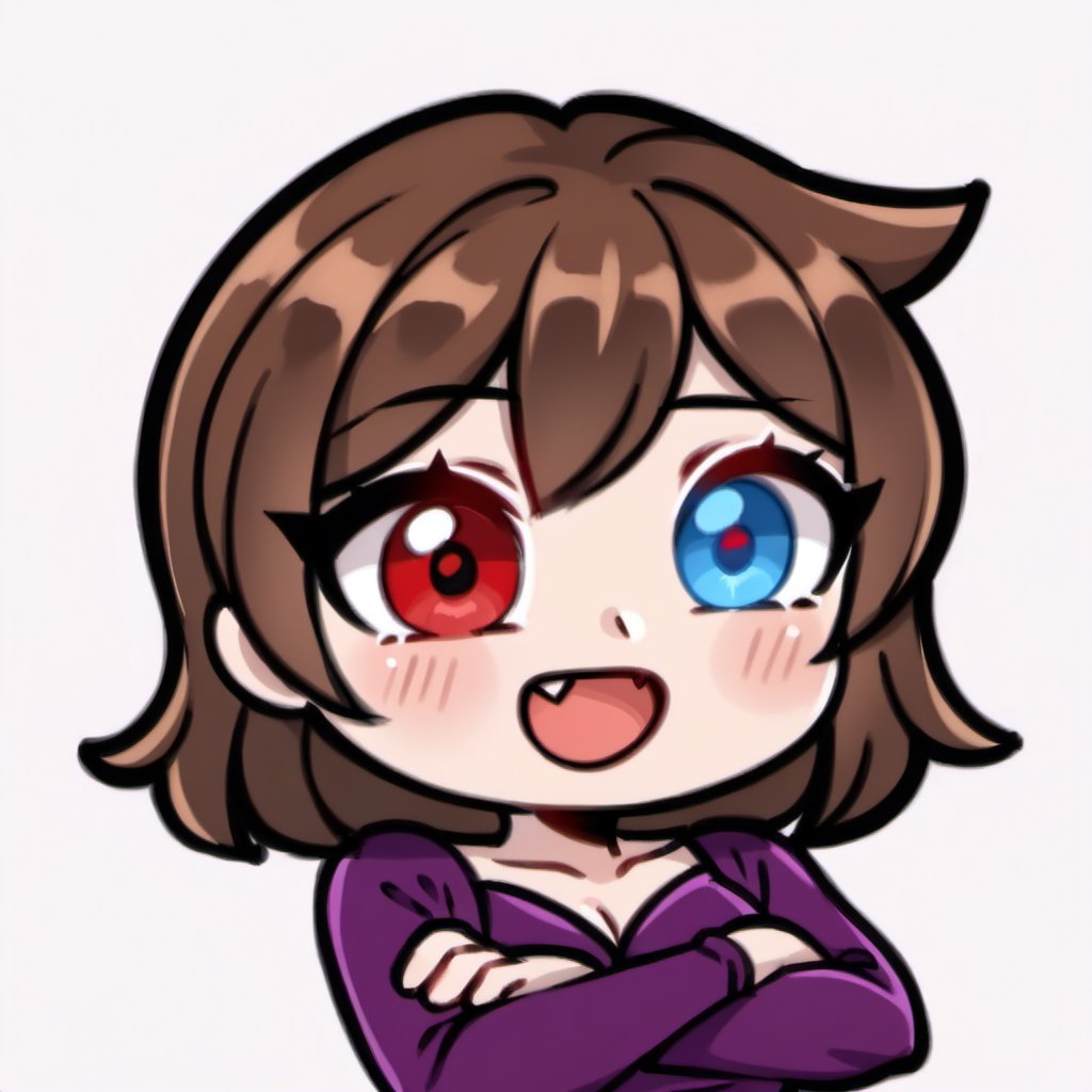 high quality, high resolution, highly detailed face, white background, chibi, 1 girl, alone, cute face, kawaii, sexy, twitch, loli, ((short dark brown hair)), ((heterochromia)), ((blue eyes, red eyes)), ((purple dress with design)), ((crossed arms authority pose)), ((open mouth)), happiness, ((I want only one fang to appear)), 