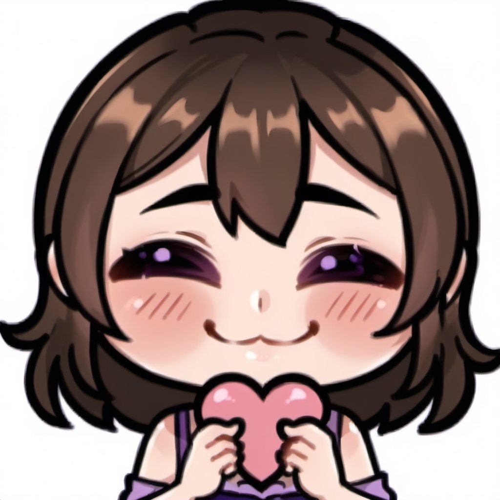 high quality, high resolution, highly detailed face, white background, chibi, 1 girl, solo, cute face, kawaii, sexy, twitch, loli, ((sideways)), twitch, short dark brown hair, facial expression happy with closed eyes, purple dress, (((holding a masive heart with both hands)))