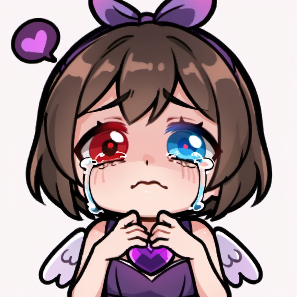 sad , sigh , crying , tear  , sexy , hentai ,  Emote , high quality, high res , highly detailed face, white background, chibi , 1girl , solo , cute face , kawaii , sexy , twitch , 1girl , loli , dark brown hair , purple heart crystal , sexy , dot eyebrow , ((heterochromia)), ((blue eye and red eye))  ,loli , angel , purple dress , short hair , bangs