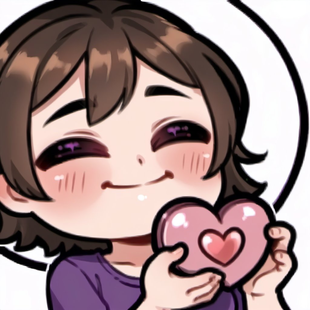 high quality, high resolution, highly detailed face, white background, chibi, 1 girl, solo, cute face, kawaii, sexy, twitch, loli, ((sideways)), twitch, short dark brown hair, facial expression happy with closed eyes, purple dress, (((holding a masive heart with both hands)))