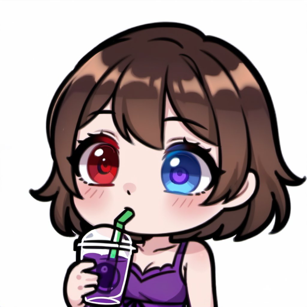 high quality, high resolution, highly detailed face, white background, chibi, 1 girl, alone, cute face, kawaii, sexy, twitch, loli, ((short dark brown hair)), ((heterochromia)), ((blue eyes, red eyes)), ((purple dress with design)), ((Drinking purple cardboard juice with both hands)), ((white background)), :o