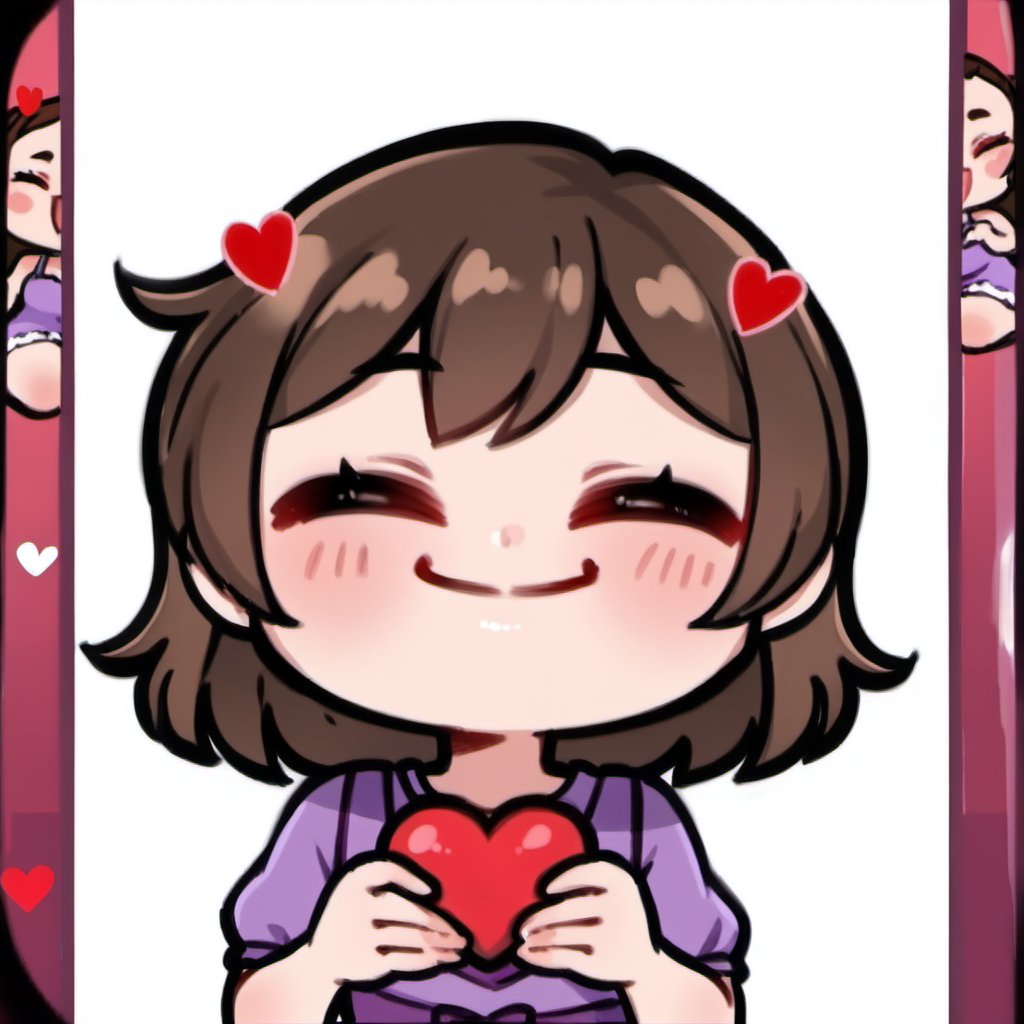 high quality, high resolution, highly detailed face, white background, chibi, 1 girl, solo, cute face, kawaii, sexy, twitch, loli, sideways, twitch, short dark brown hair, happy facial expression with closed eyes , purple dress, ((holding a huge red heart with both hands in front of her)), ((several small hearts floating around)), kawaii.