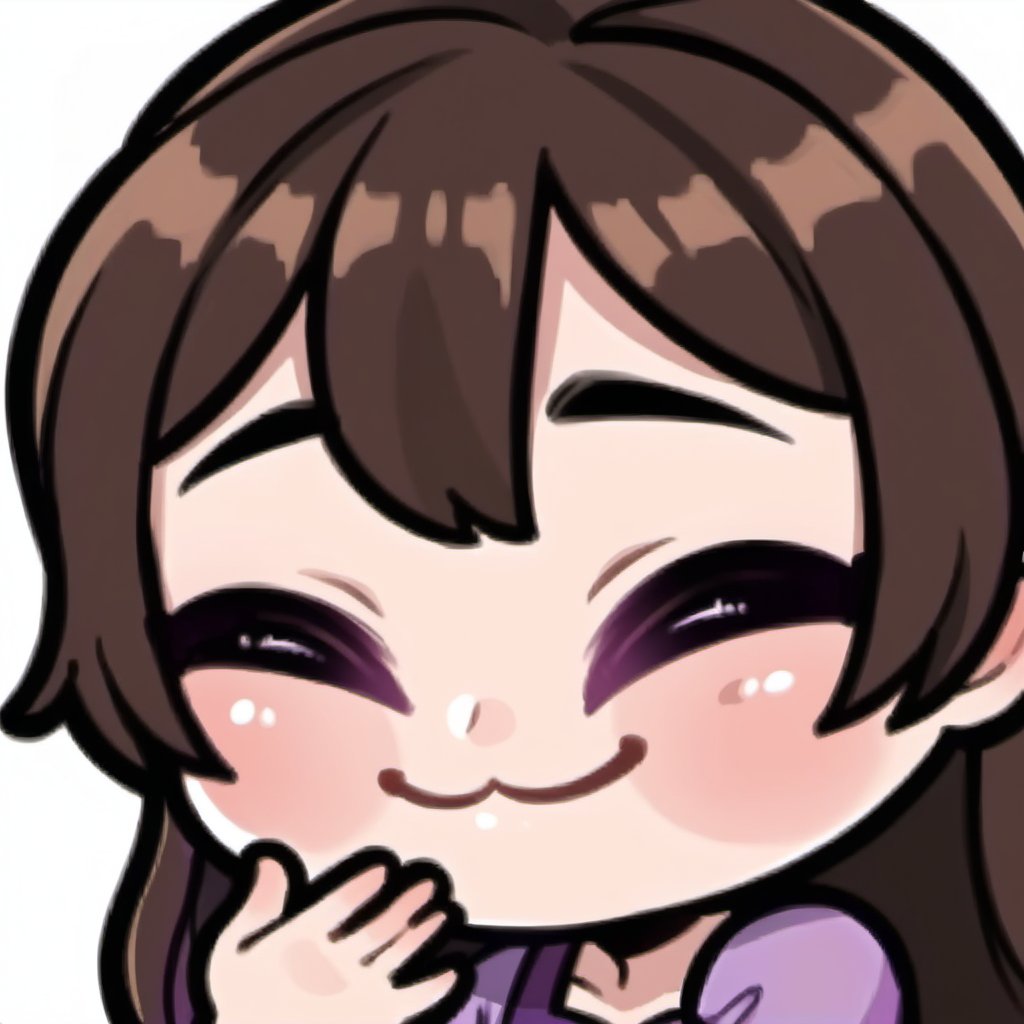 high quality, high resolution, highly detailed face, white background, chibi, 1 girl, alone, cute face, kawaii, sexy, twitch, loli, ((on one side)), short dark brown hair, happy facial expression with eyes closed, purple dress, ((raising a hand and says HI))