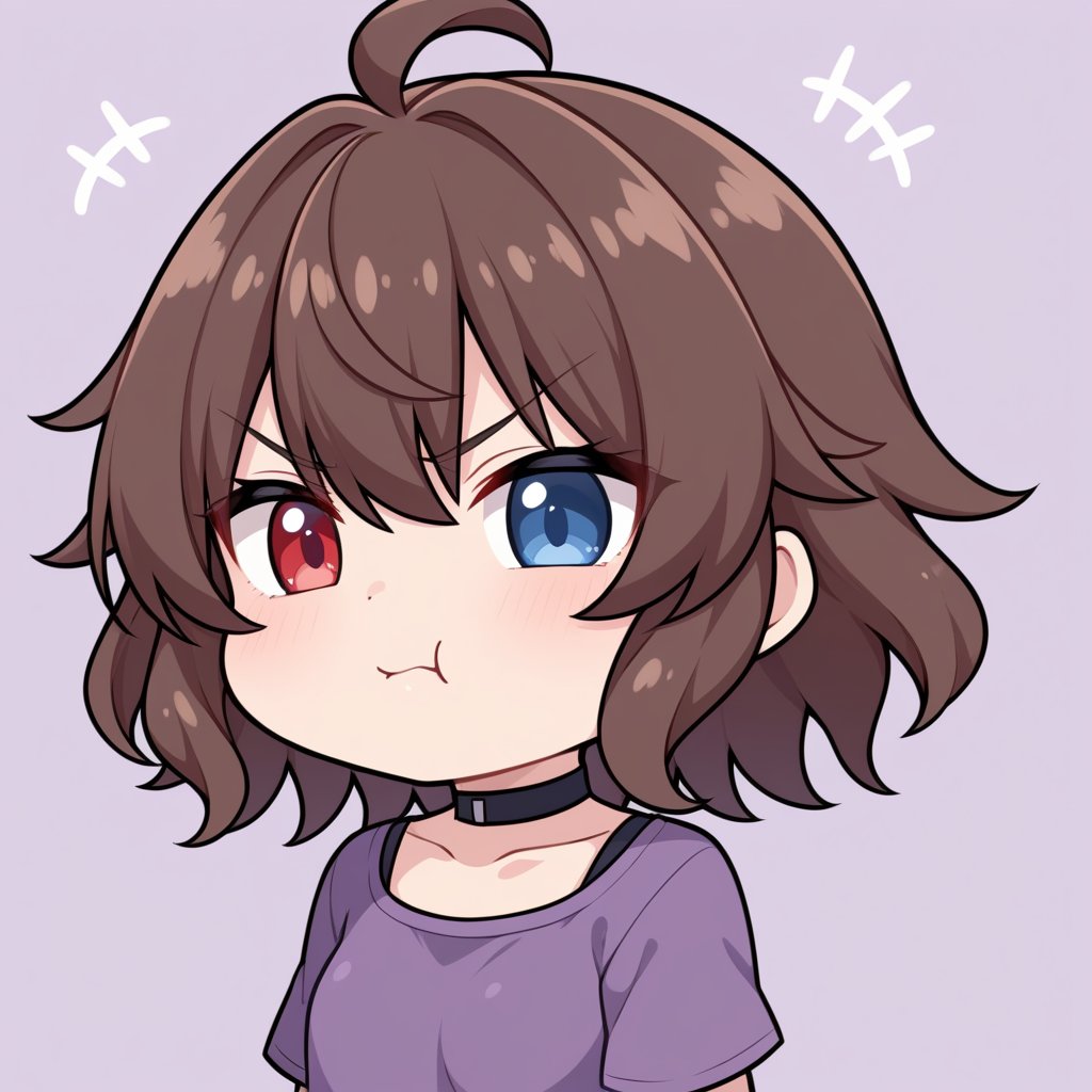 (chibi style), {{{masterpiece}}}, {{{best quality}}}, {{ultra-detailed}}, (sideview), ((angry and swollen cheek)), 1 girl, {{dark brown hair}}, short hair, (two sides up), ((heterochromia)), ((blue eyes, red eyes)), (wavy hair), (bangs), (two sides up), choker, ahoge, (purple shirt), (games), games in her cozy room, complementing pastel colors with purple, upper body, chibi emote style, chibi, emote, twitch, cute, Chibi Emote, anime, pastel background, minimalist