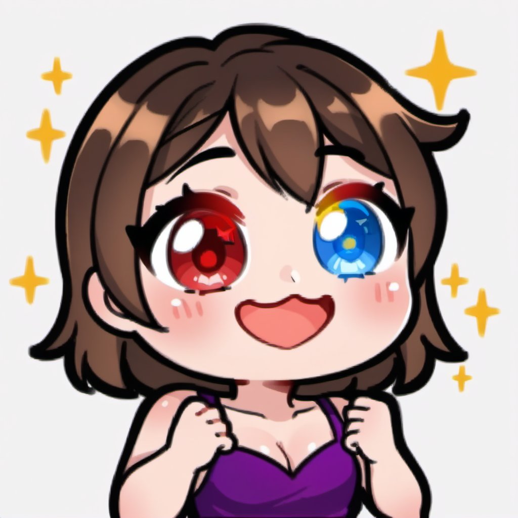 high quality, high resolution, highly detailed face, white background, chibi, 1 girl, alone, cute face, kawaii, sexy, twitch, loli, ((short dark brown hair)), ((heterochromia)), ((blue eyes, red eyes)), ((purple dress with design)), ((big yellow flash in her eyes)), ((mouth open and amazed)), Big, sparkling, excited eyes, similar to Twitch emotes. The eyes should have a bright glow that seems to come out of them, with sparkles and stars around them, capturing a sense of wonder and joy. The drawing style should be colorful, vibrant, and with a simple background, (((Big sparking in her eyes)))