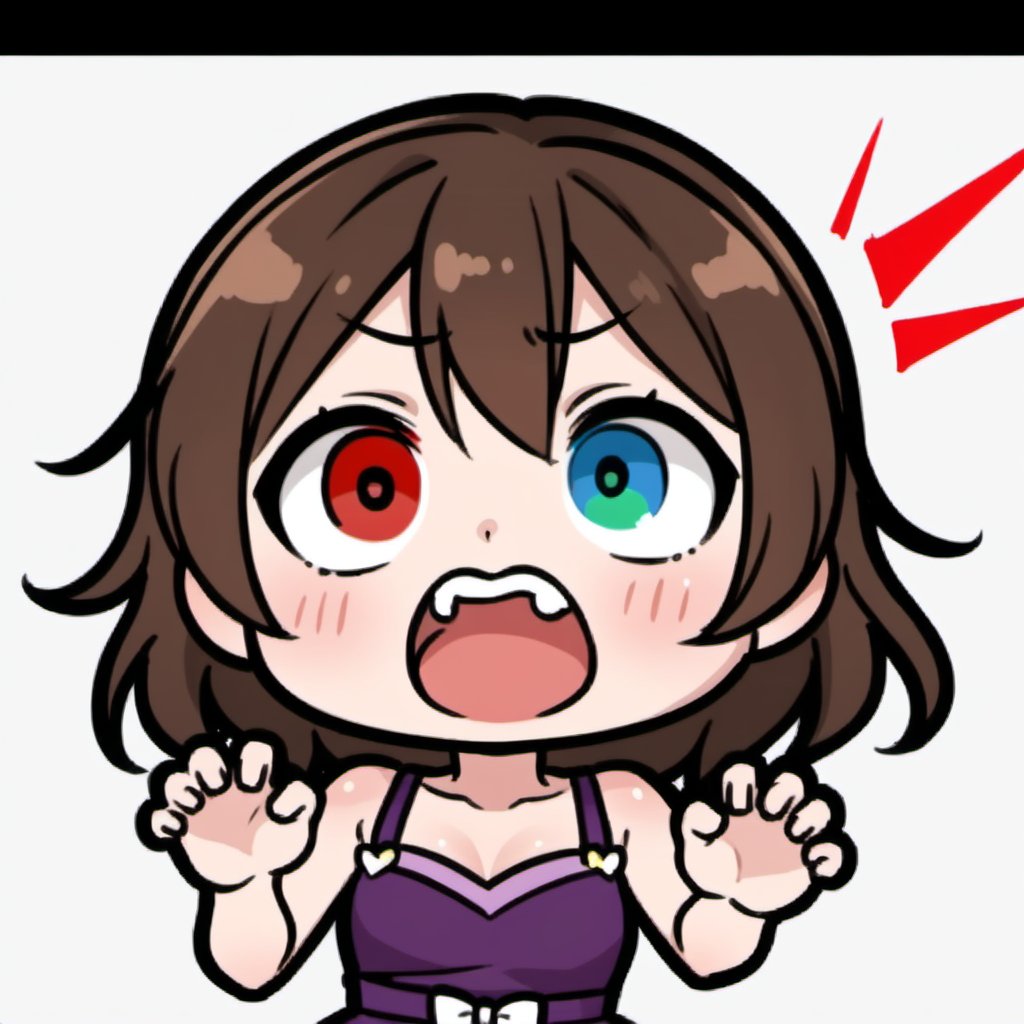 A chibi depiction of a solo loli on a white background, showcasing her high-quality, highly detailed face. She's positioned ((sideways)), ((screaming)) with her mouth open in a surprised expression. Her dark brown hair is short, with bangs framing her cute and sexy features. Her eyes are a striking combination of blue and red, exhibiting ((heterochromia)). She wears a purple dress that accentuates her petite frame. The overall atmosphere exudes kawaii charm, perfect for a twitch stream featuring this adorable loli character.