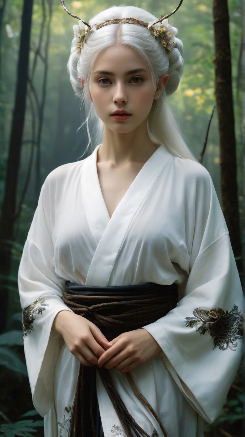 realistic photo, 8k, RAW photo, photorealistic:1.25, (highly detailed Caucasian skin:1.2), sharp focus, 1girl, an elf wearing a white kimono, ethereal, white hair, looking at viewer, full body, Serene and goddess-like, forrest, masterpiece, award - winning photography, hyperrealistic, chiaroscuro, raphael, caravaggio, beksinski, giger, rembrandt