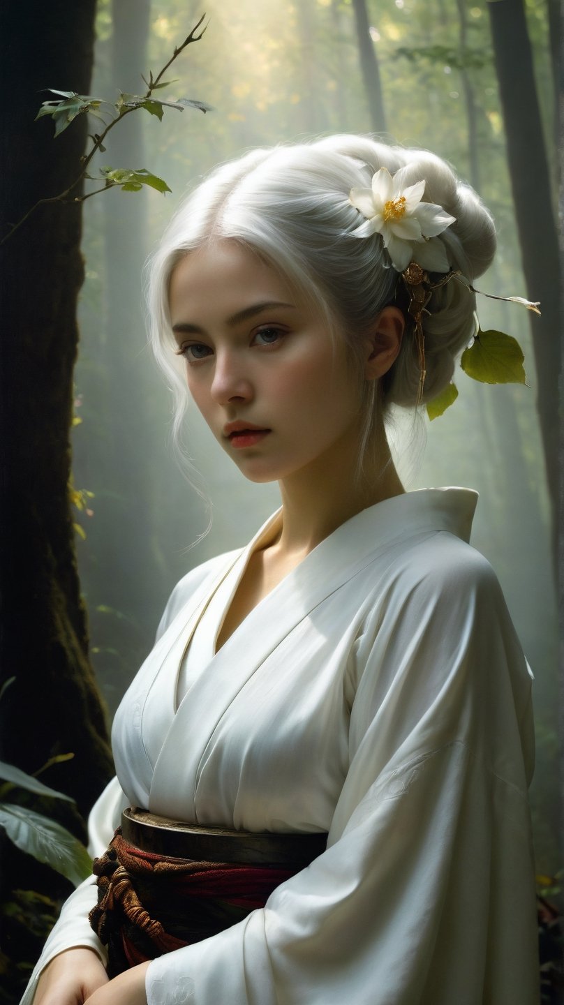 realistic photo, 8k, RAW photo, photorealistic:1.25, (highly detailed Caucasian skin:1.2), sharp focus, 1girl, an elf wearing a white kimono, ethereal, white hair, full body, Serene and goddess-like, forrest, masterpiece, award - winning photography, hyperrealistic, chiaroscuro, raphael, caravaggio, beksinski, giger, rembrandt