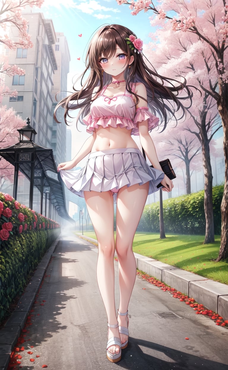 1girl,full body brunette,pink croptop,medium breasts,white pleated miniskirt,panties,navel,looking at viewer,hime cut,foreskin,heart,blush,morning,standing,outside background, flower park,roses,mist,foggy,morning light