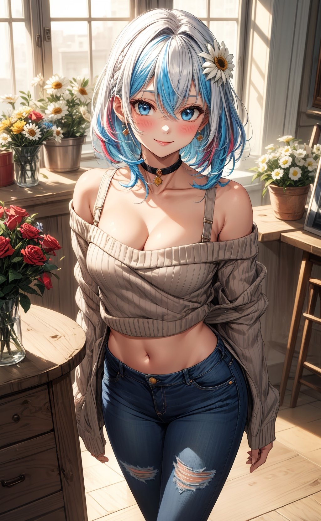 masterpiece, best quality, princess, kawaii, cute// 1girl, solo, breasts, looking at viewer, blush, smile, medium hair, bangs, blue eyes, blond hair, cleavage, hair between eyes, bare shoulders, midriff, jewelry, medium breasts, standing, closed mouth, blue hair, collarbone, multicolored hair, pants, (indoors, flower shop), off shoulder, two-tone hair, sweater, lips, torn jeans, window, roses, daisies, denim, flowers, jeans, colored inner hair, black sweater, bare shoulders, sweater, torn pants, torn jeans