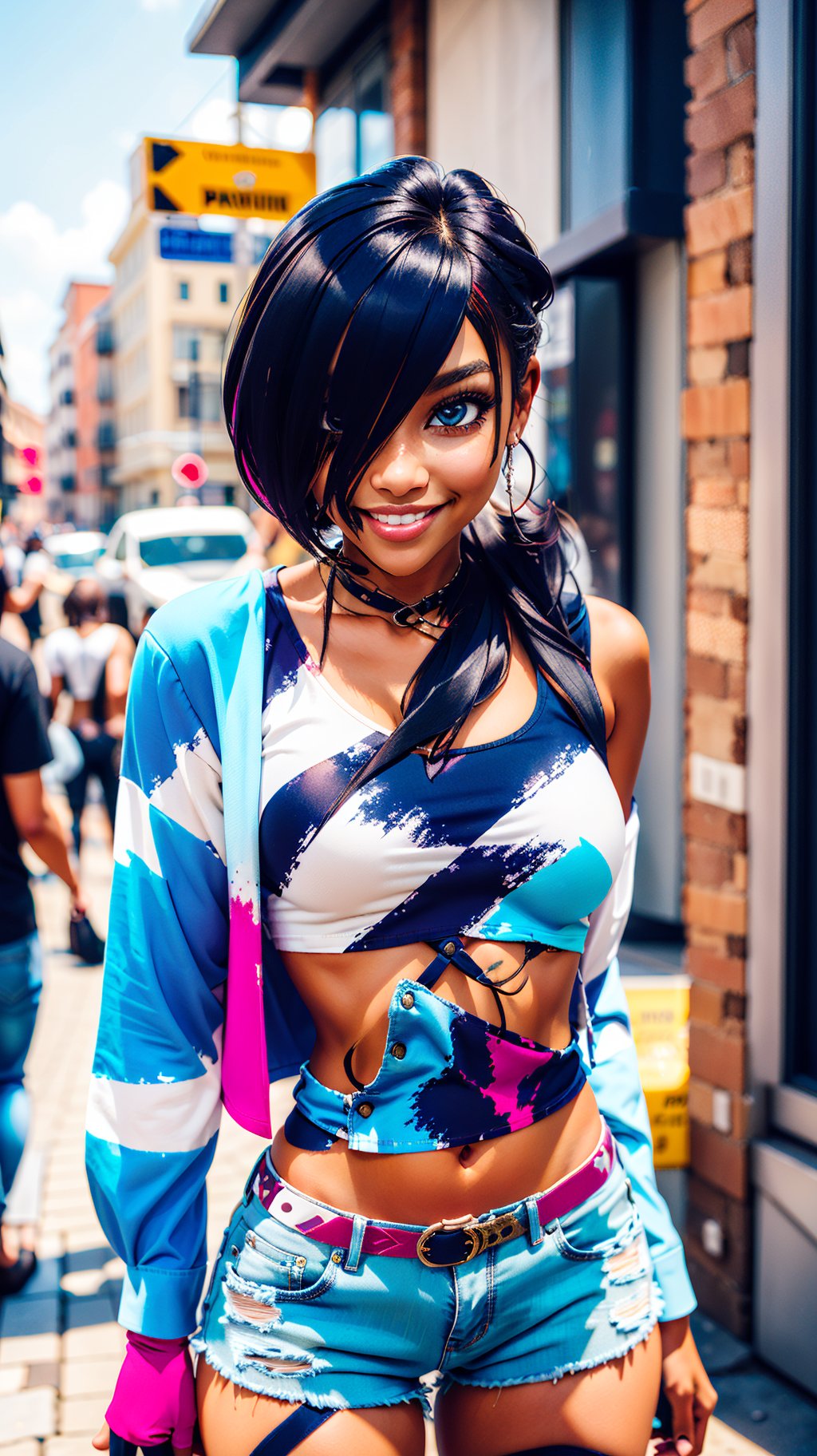 4k, best quality, masterpiece, 1girl, beautiful eyes, beautiful face, (crop_top), (denim shorts), alluring smile, slim figure, bare_midriff (short hair with long locks), black hair, cowboy_shot, urban background, young beauty, free spirit, pandora,Anime pastel colours 