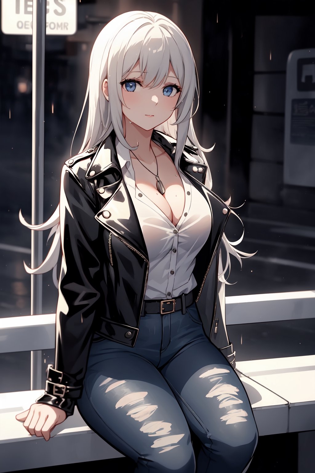 1girl,waiting at the bus stop,(waiting for bus),(alone),darkness,street lamps,wet roads,empty roads. beaautiful young woman,wearing black leather jacket,(open jacket),white button blouse,(buttons undone),medium breasts,(cleavage visible),tight jeans,low rise jeans,silver heels,quarter moon,long shadows,errie atmosphere,1 girl