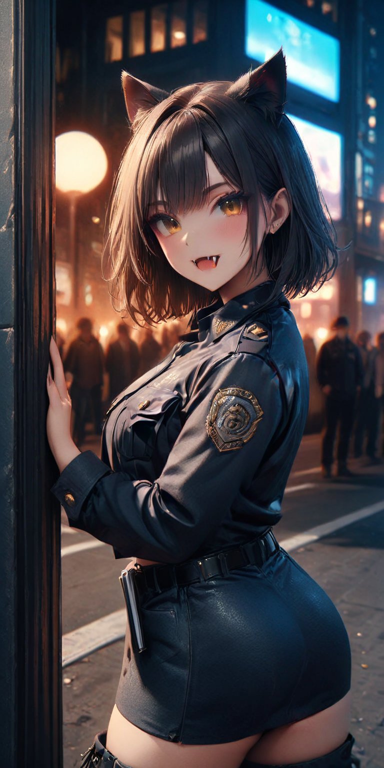 masterpiece, best quality, highly detailed, ultra detailed, 8k,
1girl, 23, outside, cat ears, small fangs, golden eyes, black hair, short bob cut, tsurime, long fingernails, police uniform, police skirt, black belt, tall combat boots, holding police notebook, looking at viewer, night time, downtown skyline, darkness, long shadows, street lights, cinematic,