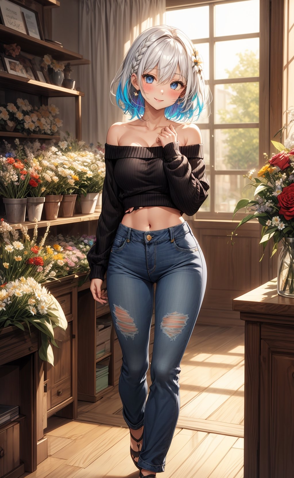 masterpiece, best quality, princess, kawaii, cute// 1girl, solo, breasts, looking at viewer, blush, smile, medium hair, bangs, blue eyes, blond hair, cleavage, hair between eyes, bare shoulders, midriff, jewelry, medium breasts, standing, closed mouth, blue hair, collarbone, multicolored hair, pants, (indoors, flower shop), off shoulder, two-tone hair, sweater, lips, torn jeans, window, roses, daisies, denim, flowers, jeans, colored inner hair, black sweater, bare shoulders, sweater, torn pants, torn jeans