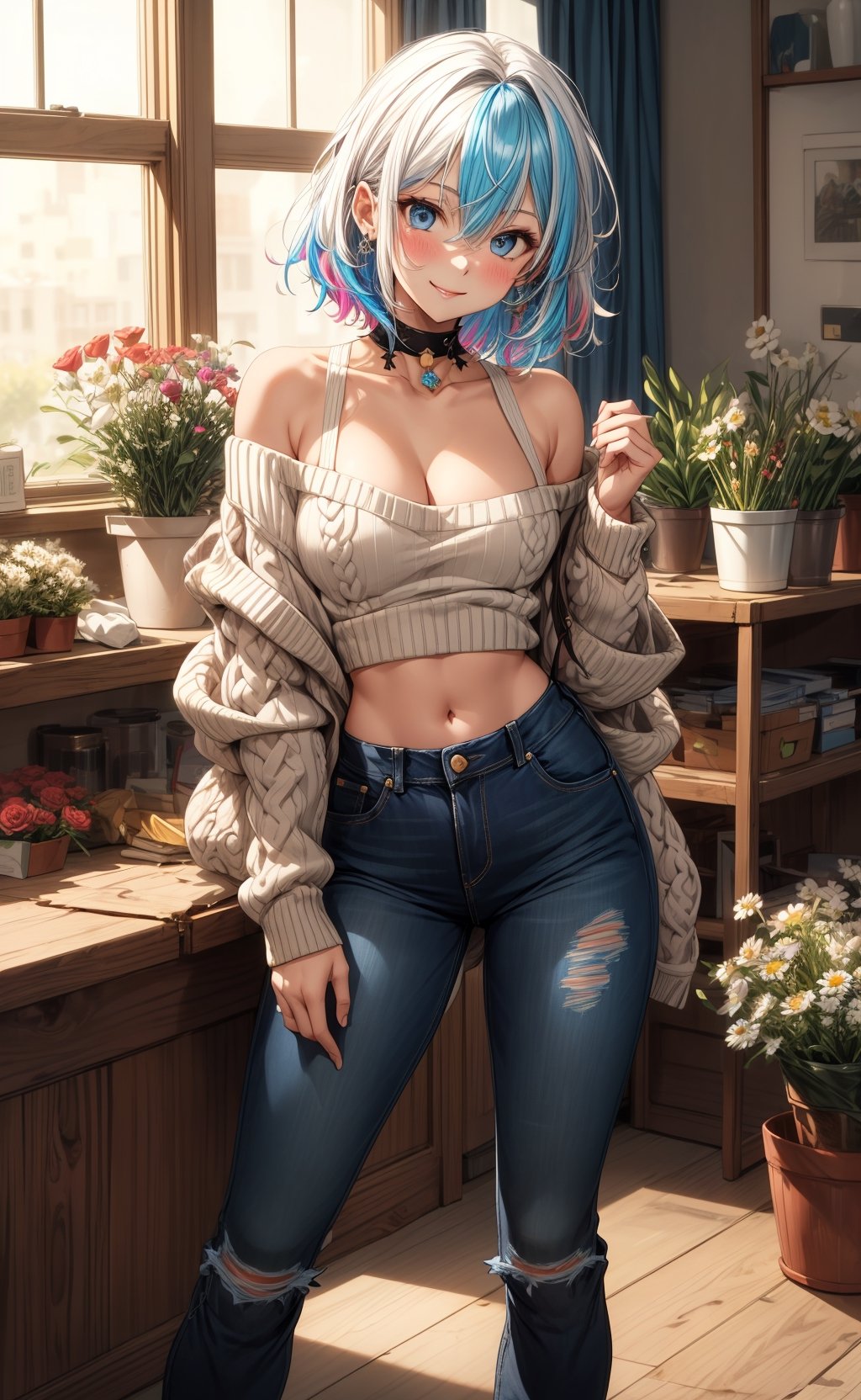 masterpiece, best quality, princess, kawaii, cute// 1girl, solo, breasts, looking at viewer, blush, smile, medium hair, bangs, blue eyes, blond hair, cleavage, hair between eyes, bare shoulders, midriff, jewelry, medium breasts, standing, closed mouth, blue hair, collarbone, multicolored hair, pants, (indoors, flower shop), off shoulder, two-tone hair, sweater, lips, torn jeans, window, roses, daisies, denim, flowers, jeans, colored inner hair, black sweater, bare shoulders, sweater, torn pants, torn jeans