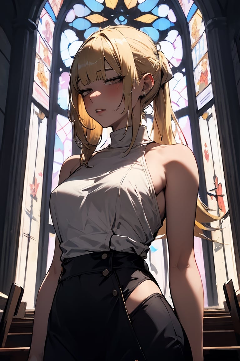 absurdres, highres, ultimate detailed, BREAK 1girl, solo, medium length hair, high ponytail, blunt bangs, (blond hair:1.3), mischevious, sexy, BREAK (beautiful old church)