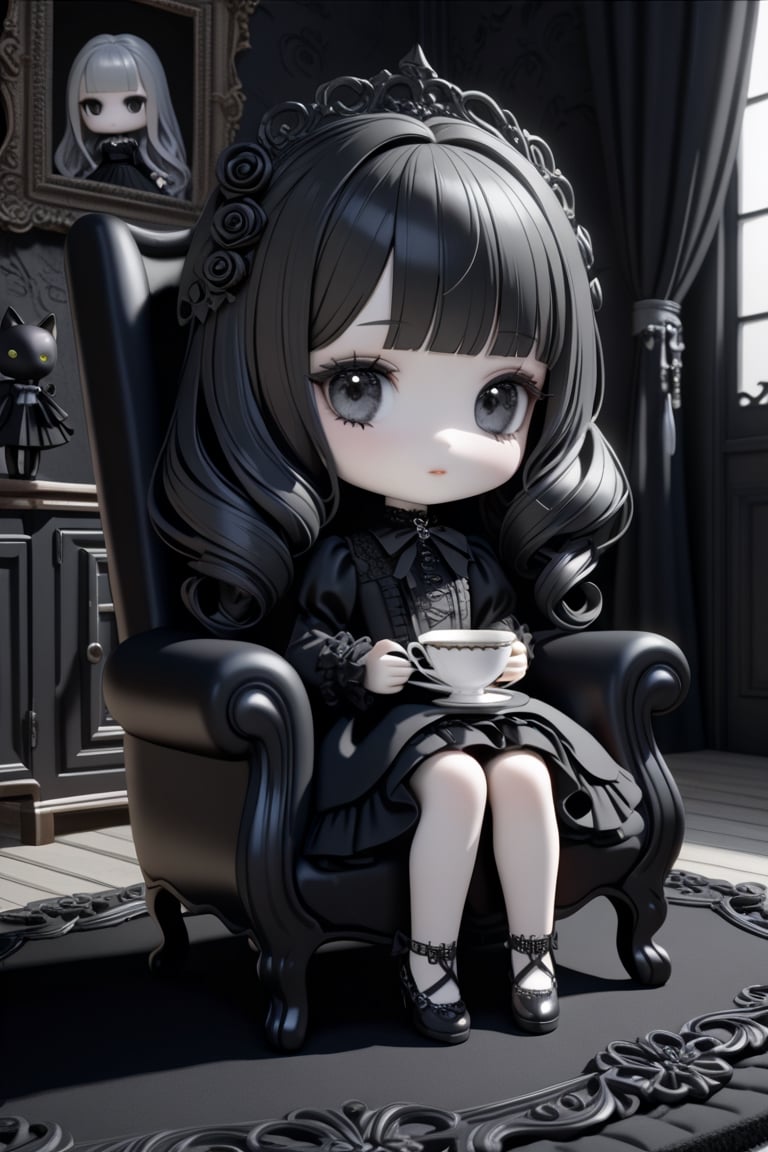 (3D-figure,chibi,blythe-doll,)(masterpiece,ultra detailed,high-quality,8k,professional,UHD,)Gothic theme, dark theme, black gothic dress, gothic makeup, tea time,Monochrome gothic room,sitting on a chair 
,holding a teacup, hair ornaments, white silver gradient hair,(blunt  bangs, curly hair),black carpet floor,black cats