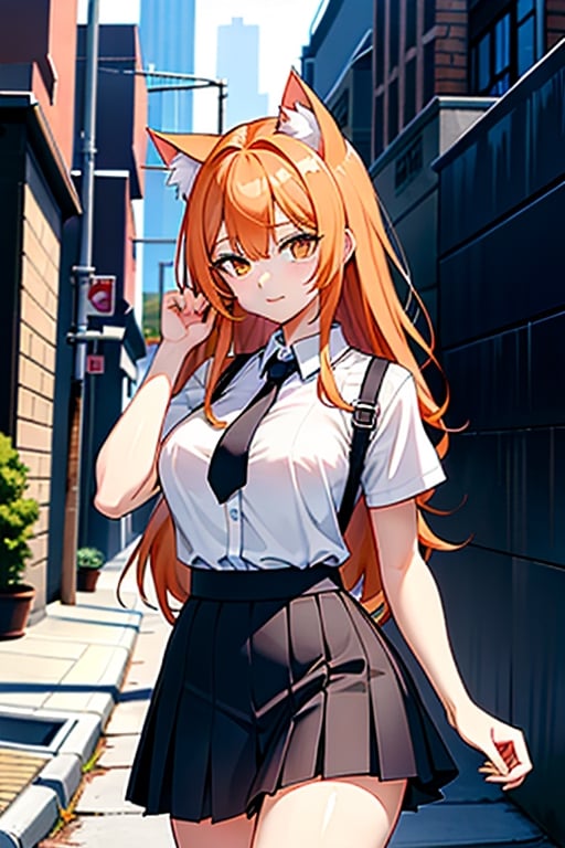 Cat girl, orange hair, cat ears, huge breasts, white shirt, black skirt, in an alley with buildings in the background 