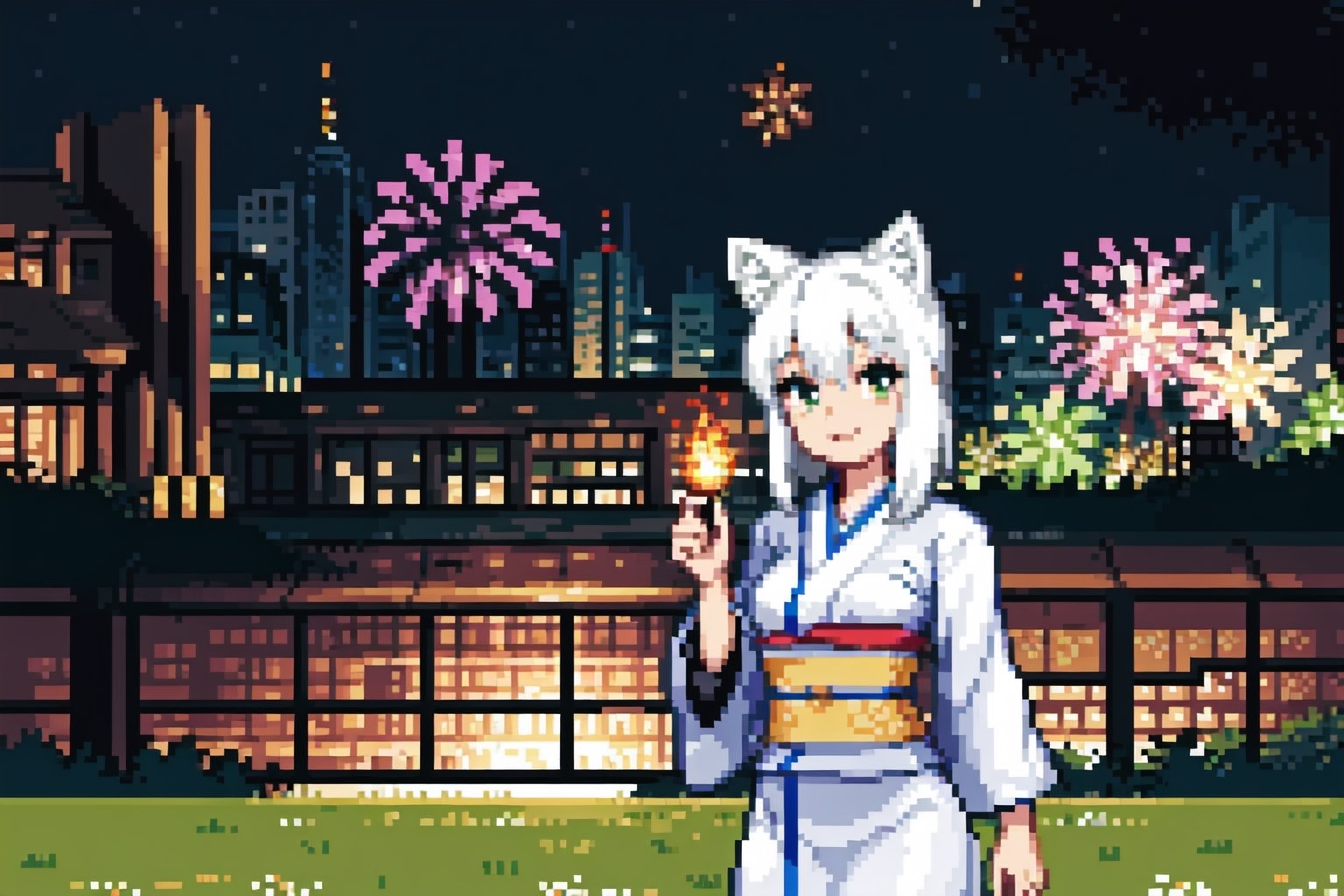 beautiful,masterpiece,8,1 cat girl,cat ears,kimono,white hair,medium breasts,smiling,in a green field with buildings and skyscrapers in the background,with fireworks in the sky,at night