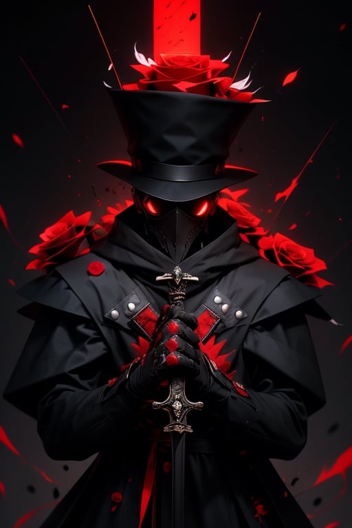 solo, 1boy, hat, male focus, no humans, black headwear, feathers, black background, red flower, red rose,ace of spades, Plaguecore,urban techwear,r1ge,wrenchsmechs