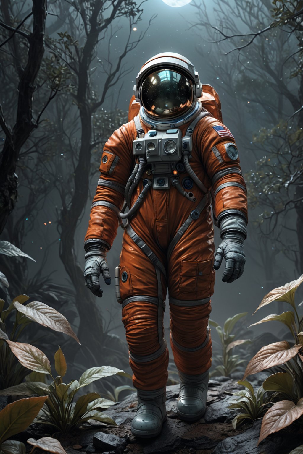 a lonely astronaut, dressed in orange worn space suit. The atmosphere is eerie and desolate, with a predominantly cold color palette of misty blues and grays. Muted greens and earthy tones blend into the shadows, while the astronaut's metallic attire gleams under the faint, moonlit glow. In stunning 8K detail, every wrinkle on their suit, every leaf on the plants, and every texture is vividly rendered, creating an immersive and realistic scene.